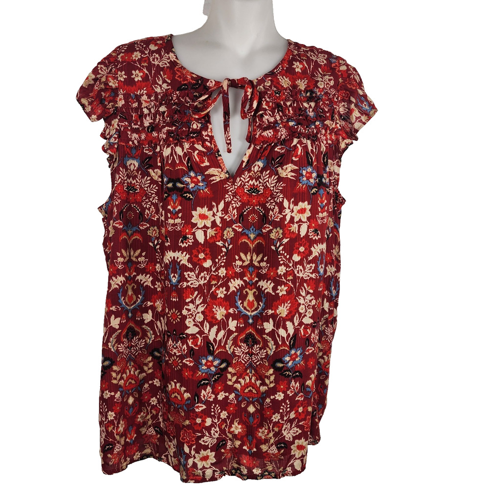 LOFT Womens Floral Flutter Sleeve Tie Neck Blouse Red L Cottagecore Feminine